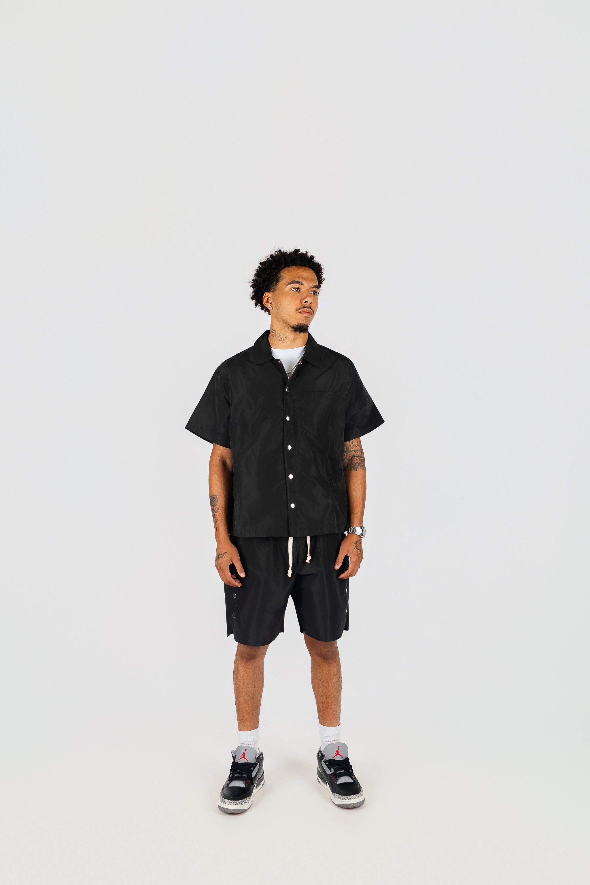 Nylon Button Up and Side Snap Button Nylon Shorts Set