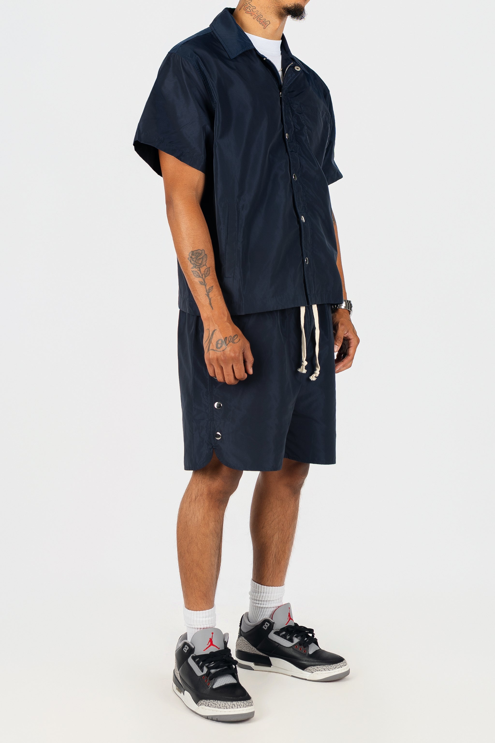 Nylon Button Up and Side Snap Button Nylon Shorts Set