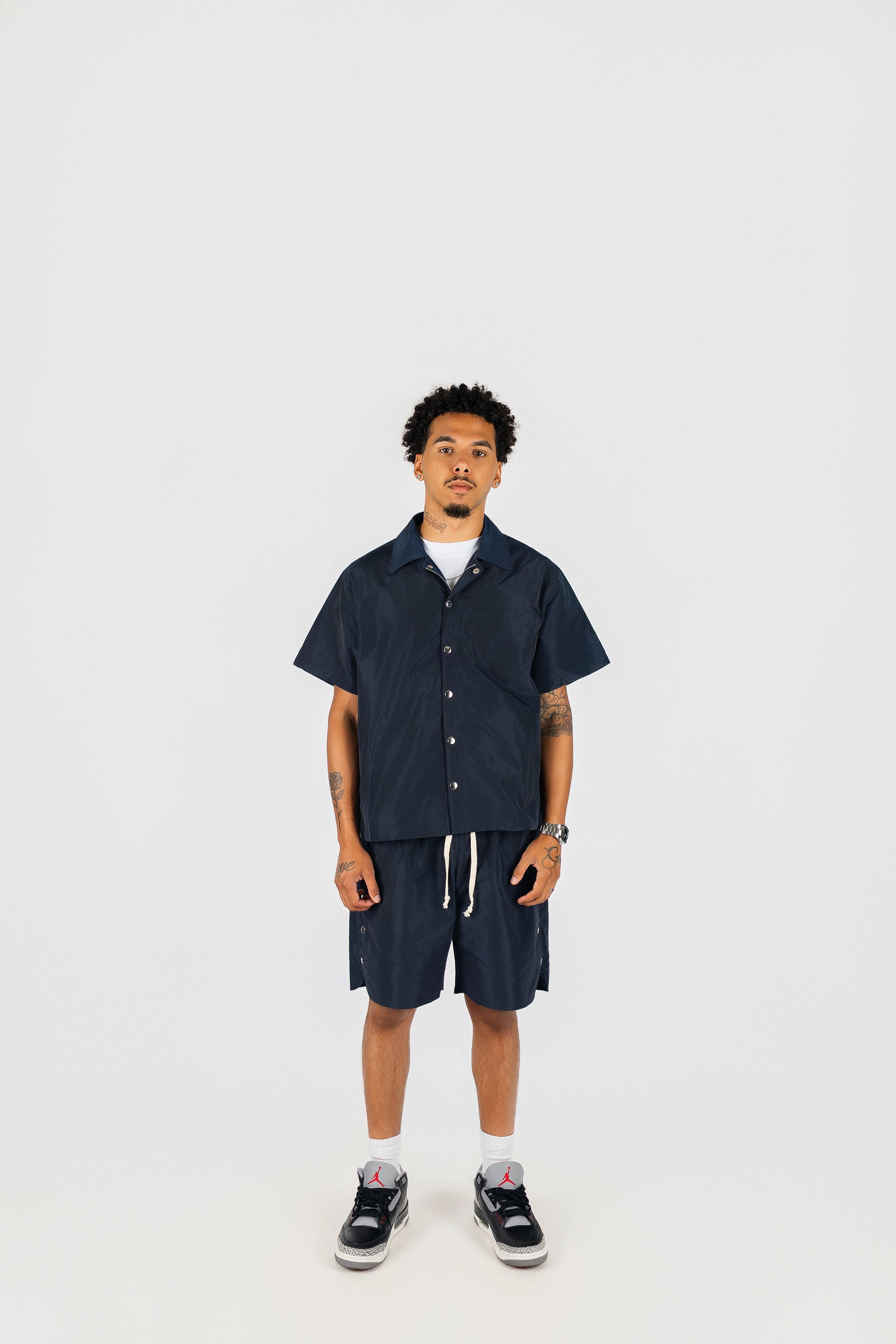 Nylon Button Up and Side Snap Button Nylon Shorts Set
