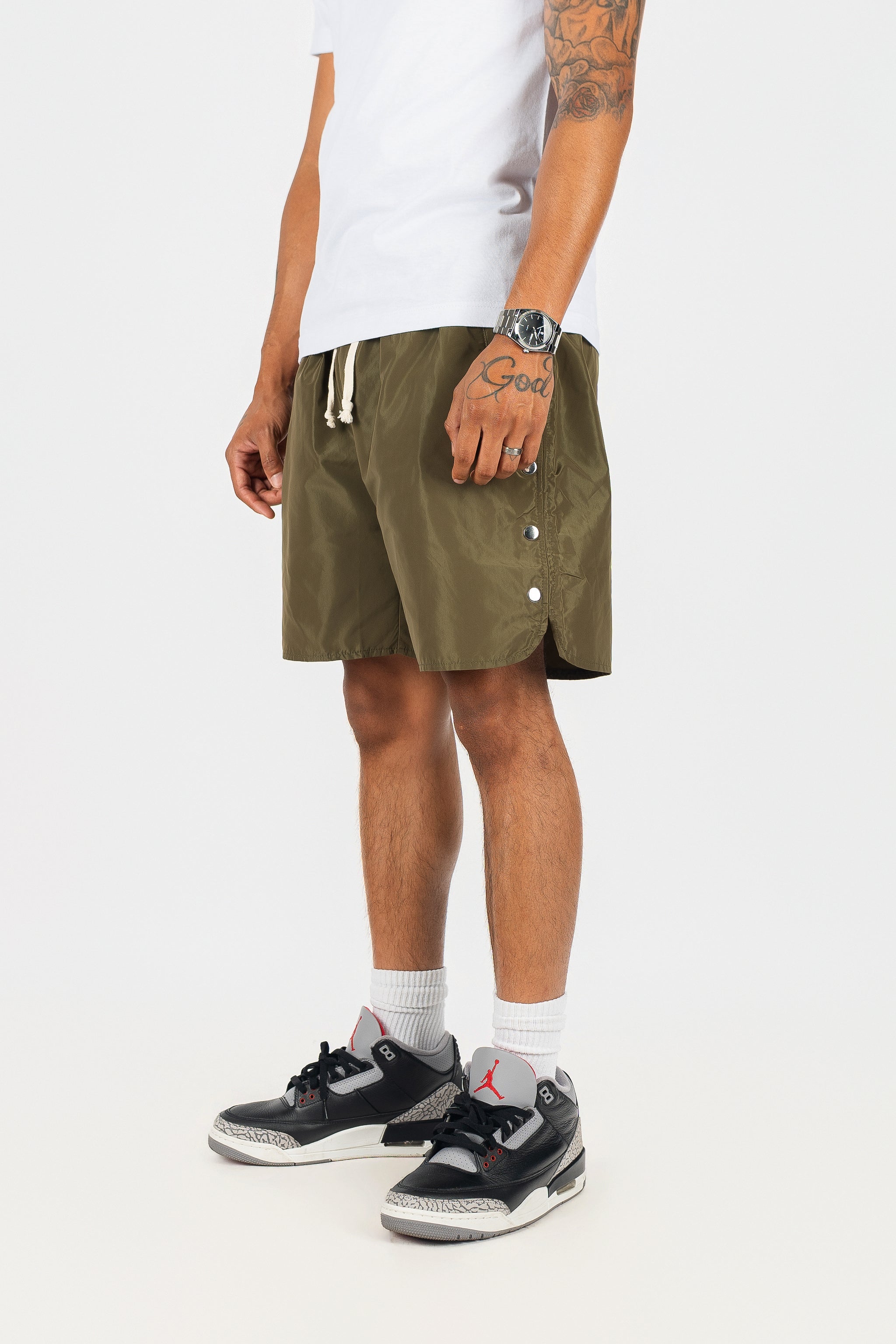 Side Snap Button Nylon Shorts