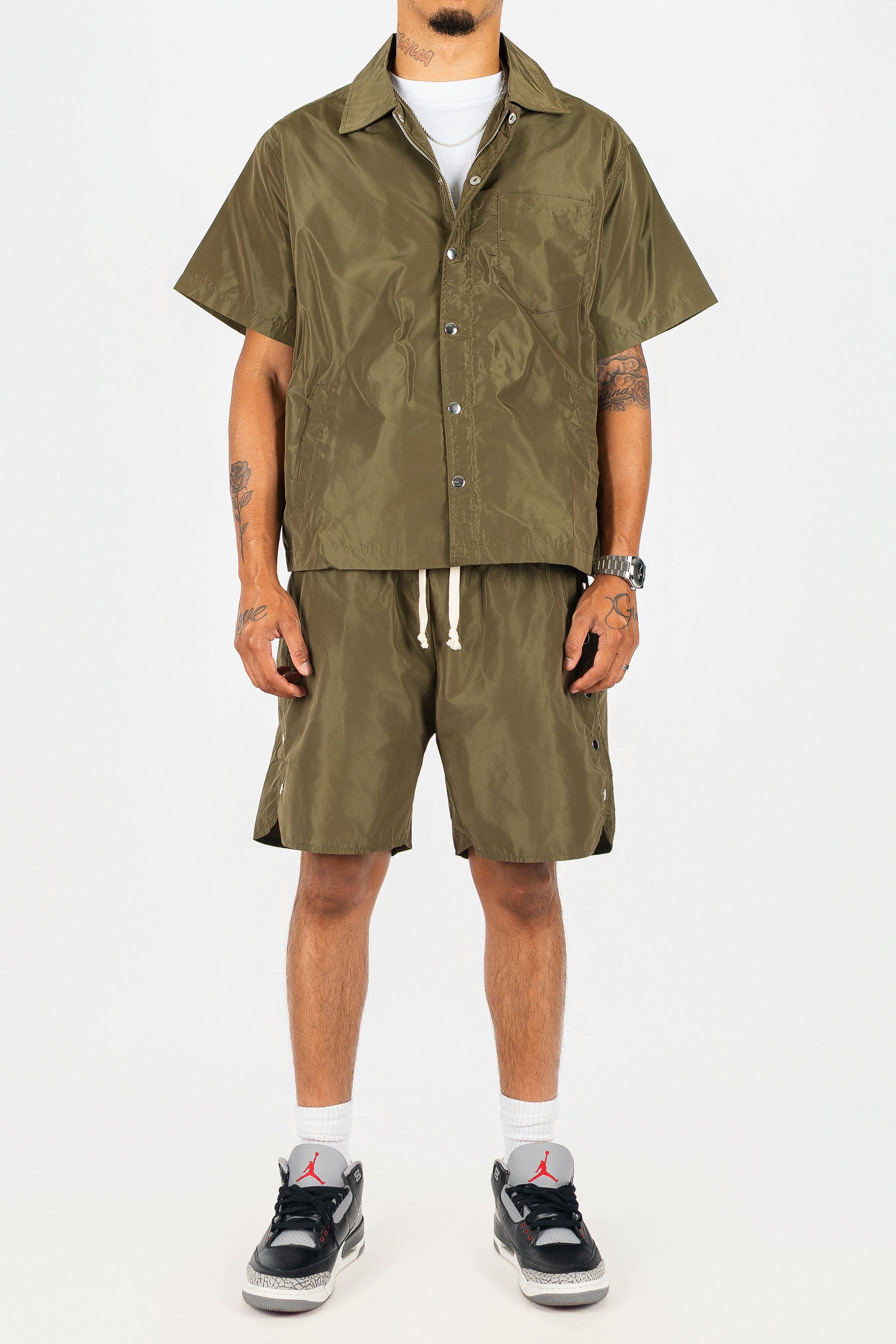Nylon Button Up and Side Snap Button Nylon Shorts Set