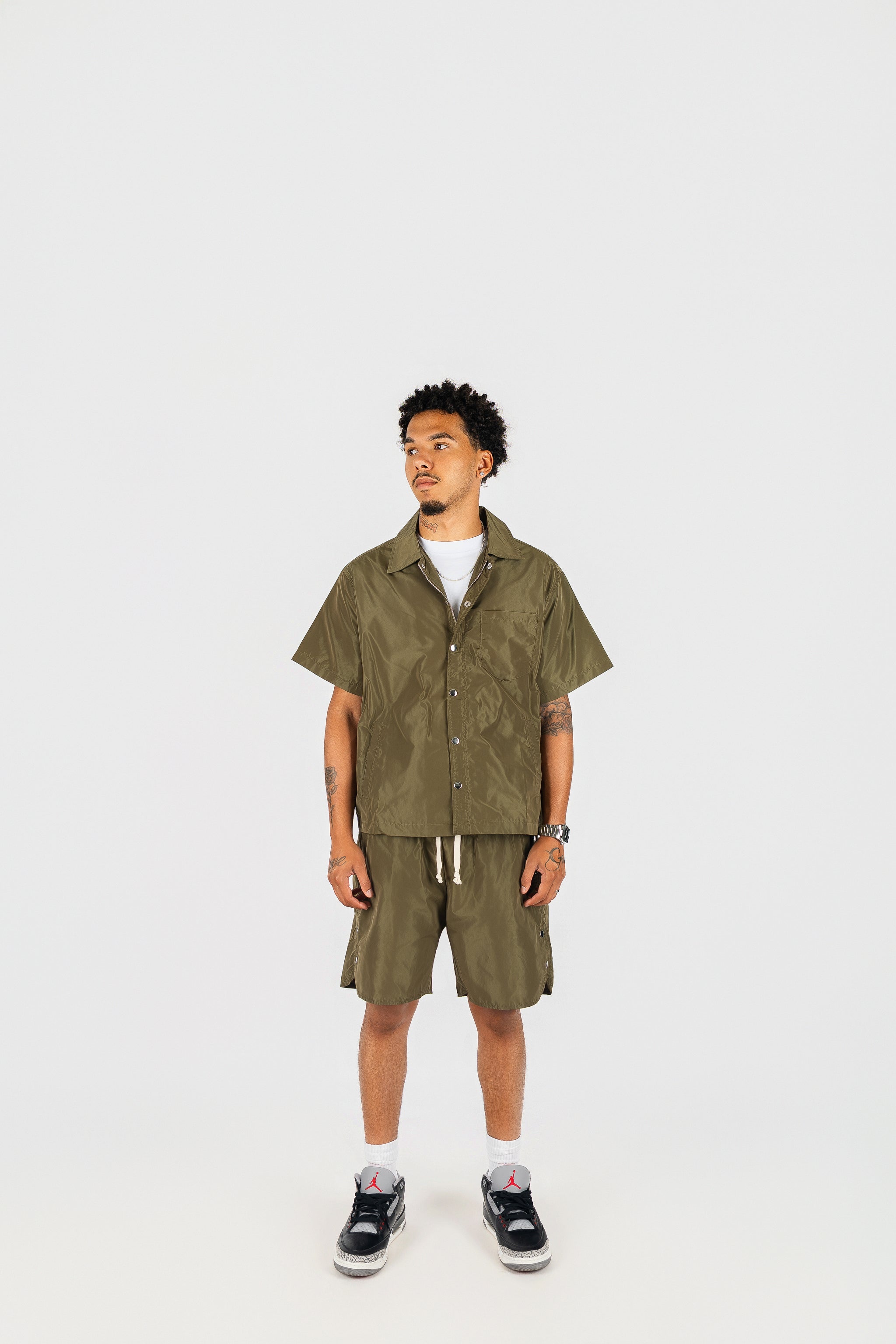 Nylon Button Up and Side Snap Button Nylon Shorts Set